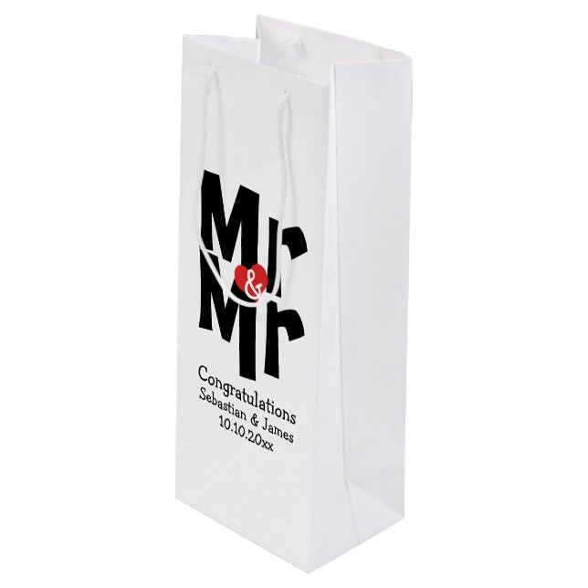Personalized Mr and Mr Black Red Bold Modern Wine Gift Bag (Front Angled)