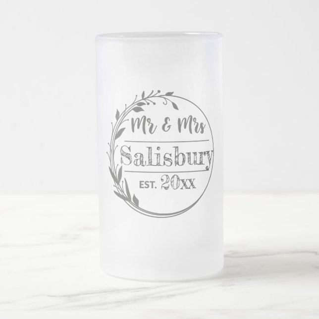 Personalized Mr and Mrs Beer Gift, Wedding Favor Frosted Glass Beer Mug (Center)