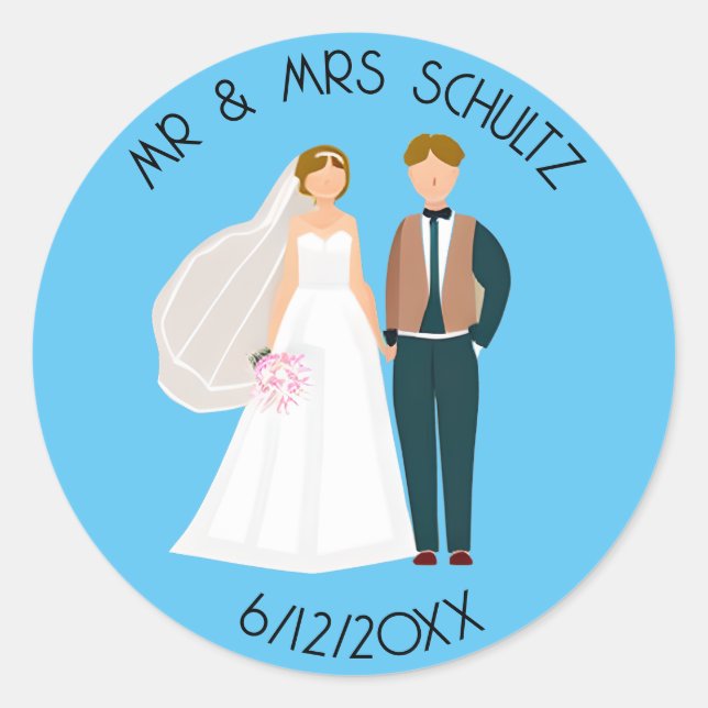 Personalized Mr and Mrs Bride and Groom Classic Round Sticker (Front)