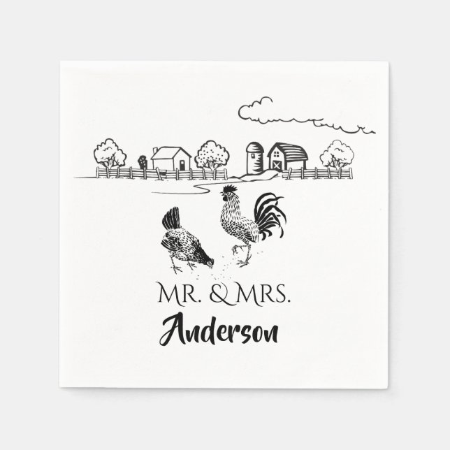 Personalized Mr and Mrs Chicken Farm Wedding Napkins (Front)