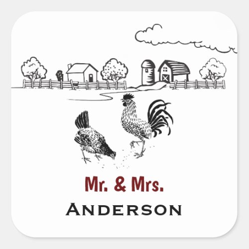 Personalized Mr and Mrs Chicken Farm Wedding Square Sticker