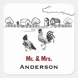 Personalized Mr and Mrs Chicken Farm Wedding Square Sticker