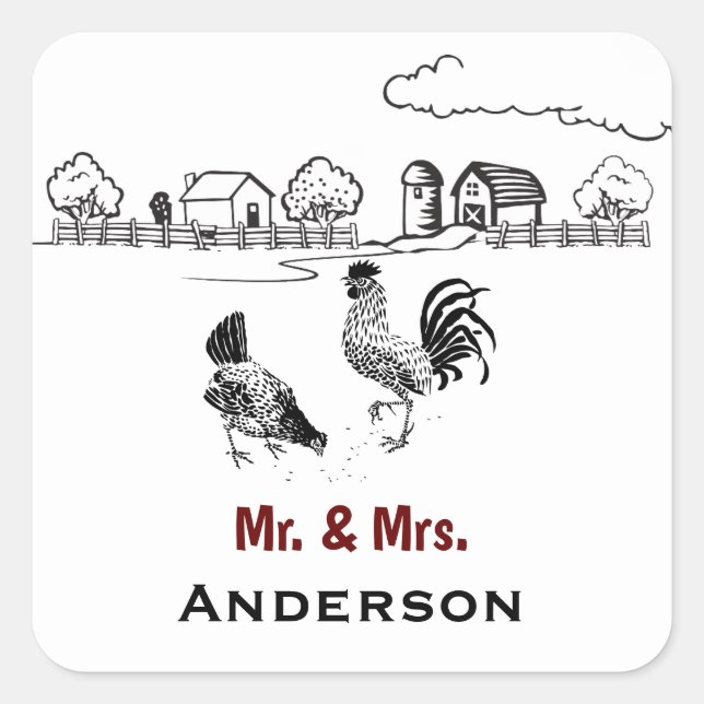Personalized Mr and Mrs Chicken Farm Wedding Square Sticker (Front)