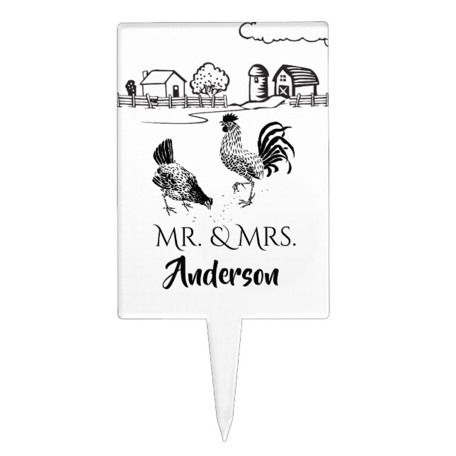 Personalized Mr and Mrs Chickens Farm Wedding Cake Topper (Front)