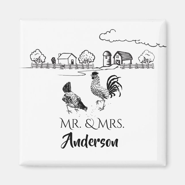 Personalized Mr and Mrs Chickens Farm Wedding Magnet (Front)