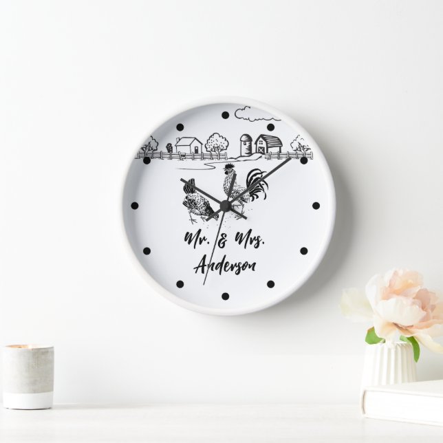 Personalized Mr and Mrs Chickens Rooster Hen Farm Clock (Home)