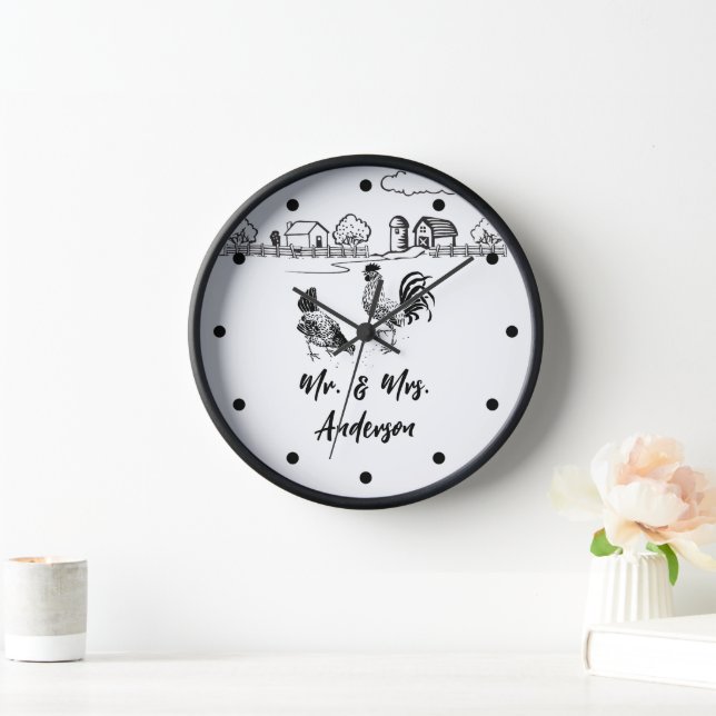 Personalized Mr and Mrs Chickens Rooster Hen Farm Clock (Home)