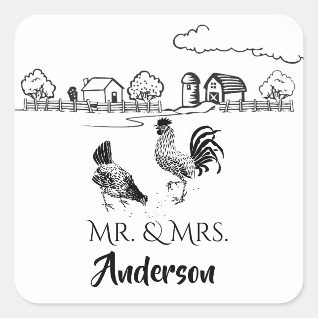 Personalized Mr and Mrs Chickens Rooster Hen Farm Square Sticker (Front)