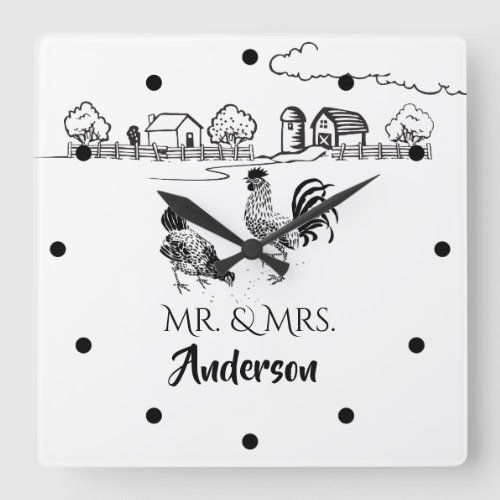 Personalized Mr and Mrs Chickens Rooster Hen Farm Square Wall Clock