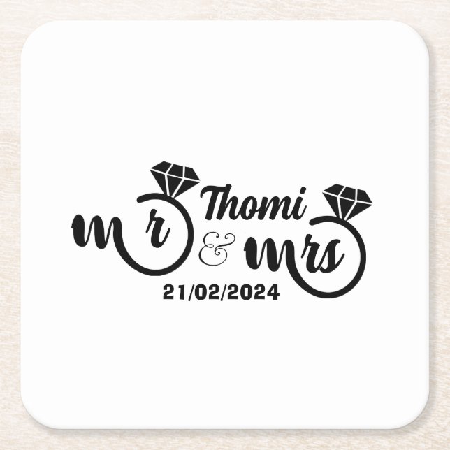 personalized mr and mrs elegant wedding square paper coaster (Front)