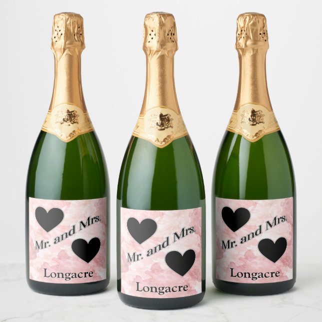 Personalized Mr. and Mrs. Hearts Black White  Sparkling Wine Label (Bottles)