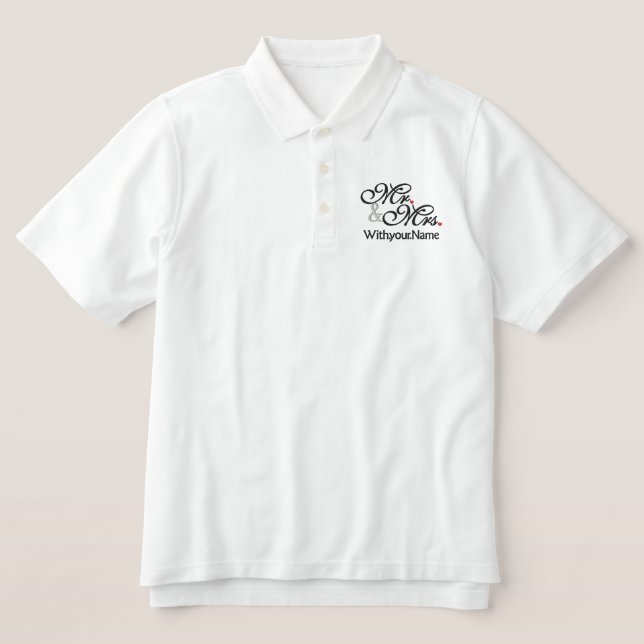 Personalized Mr. and Mrs. Husband Wife His Hers Embroidered Polo Shirt (Design Front)