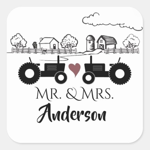 Personalized Mr and Mrs Tractor Couple Farm LOVE Square Sticker