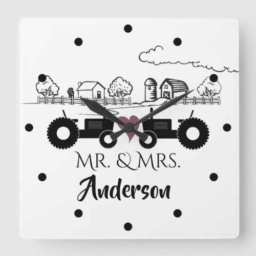 Personalized Mr and Mrs Tractor Couple Farm LOVE Square Wall Clock