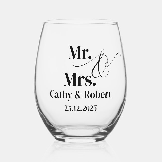 Personalized Mr and Mrs Wedding  Stemless Wine Glass (Front)
