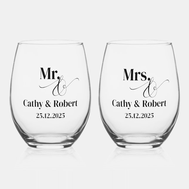 Personalized Mr and Mrs Wedding  Stemless Wine Glass (Front)