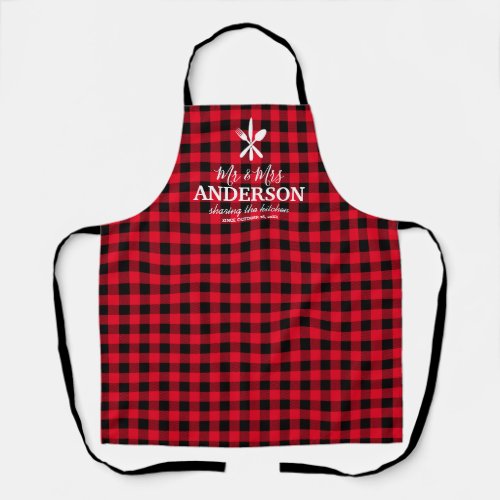 Personalized Mr & Mrs Buffalo Plaid Apron - Personalized wedding gift apron featuring a rustic country red buffalo plaid pattern print that can be changed to any color, a knife, fork & sppon, your family name, a sweet saying, and the date you got married!