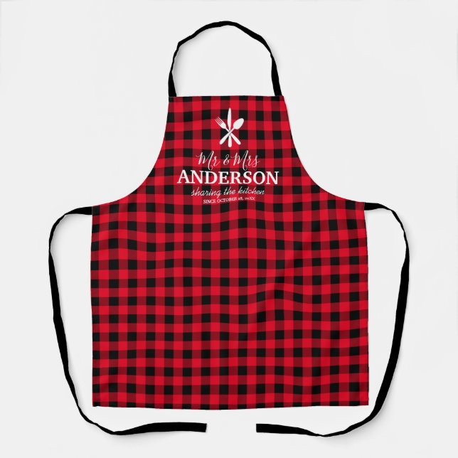 Personalized Mr & Mrs Buffalo Plaid Apron (Front)