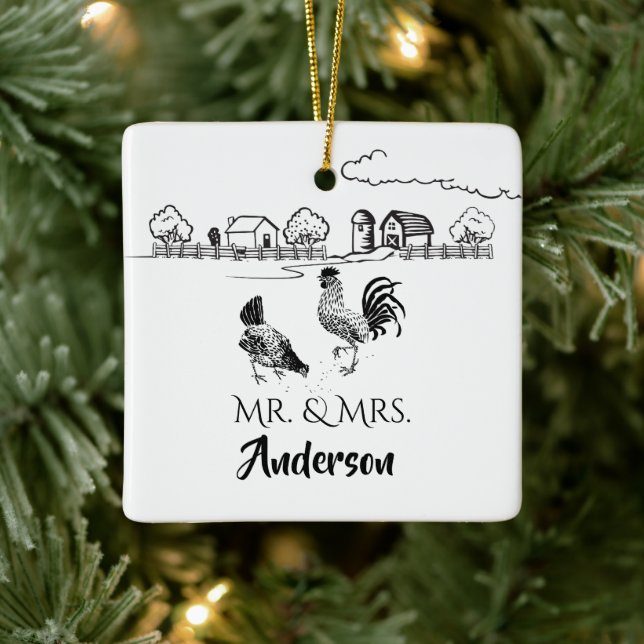 Personalized Mr & Mrs Chickens Farm 1st Christmas Ceramic Ornament (Tree)