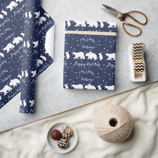 Personalized Mr & Mrs Cute Polar Bear Family Blue Wrapping Paper (Crafts)