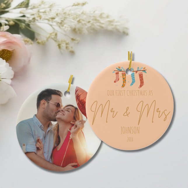 Personalized Mr. & Mrs. First Christmas Photo  Ceramic Ornament (Personalized Mr. & Mrs. First Christmas Photo Ceramic Ornament)