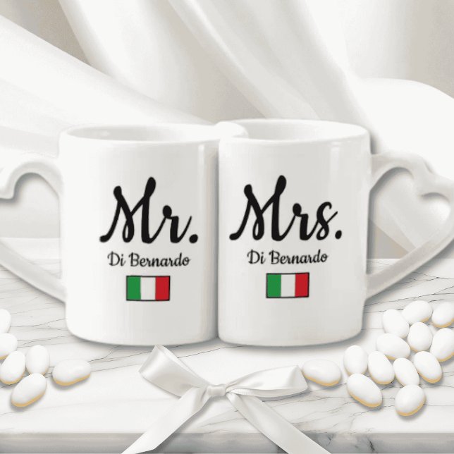 Personalized Mr & Mrs Italian Lovers Mugs Set (Personalized Italian flag Mr & Mrs Couples nested Mugs set Sicilian Wedding Gift)