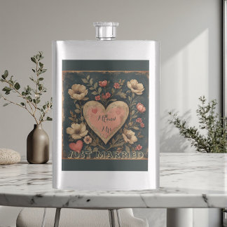 Personalized Mr & Mrs Just Married Vintage Floral Flask