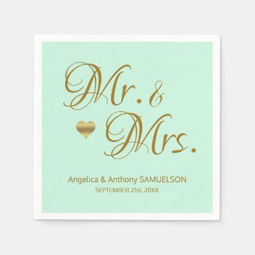 Personalized Mr  Mrs Mint Green Gold Wedding Paper Napkins