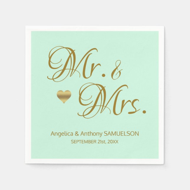 Personalized Mr. & Mrs. Mint Green Gold Wedding Paper Napkins (Front)