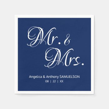 Personalized Mr. & Mrs. Navy Blue White Wedding Napkins by UniqueWeddingShop at Zazzle