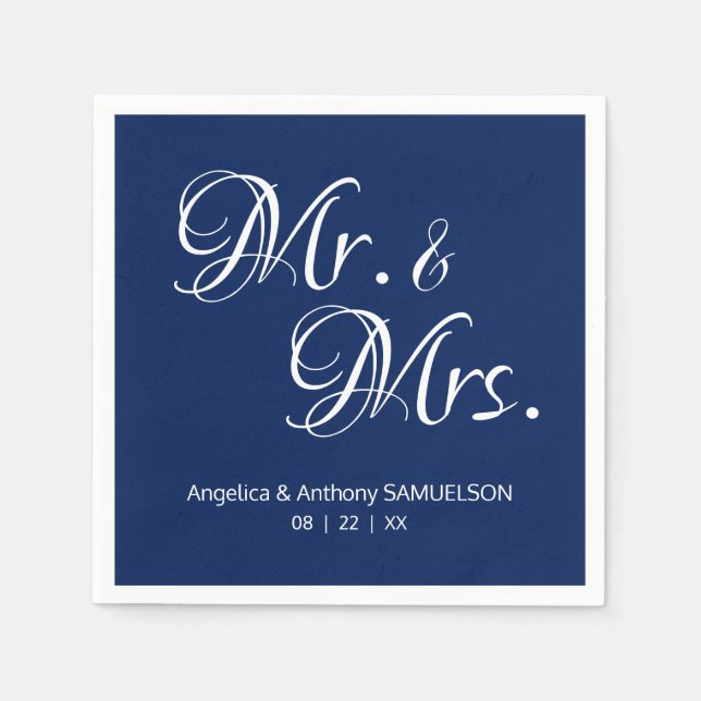 Personalized Mr. & Mrs. Navy Blue White Wedding Napkins (Front)