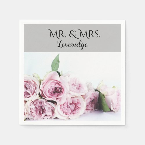 Personalized Mr  Mrs Pink Gray Floral Wedding Napkins