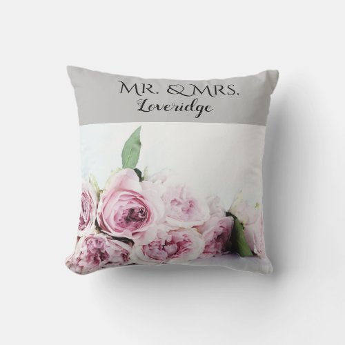 Personalized Mr  Mrs Pink Gray Floral Wedding Throw Pillow