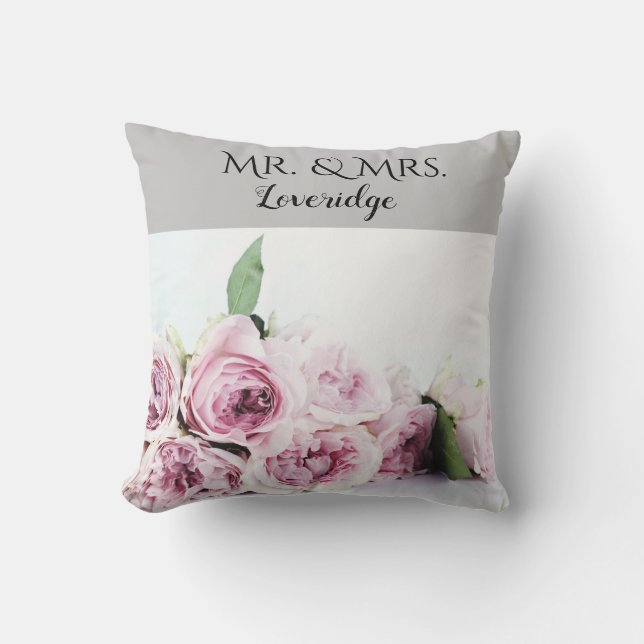 Personalized Mr. & Mrs. Pink Gray Floral Wedding Throw Pillow (Front)