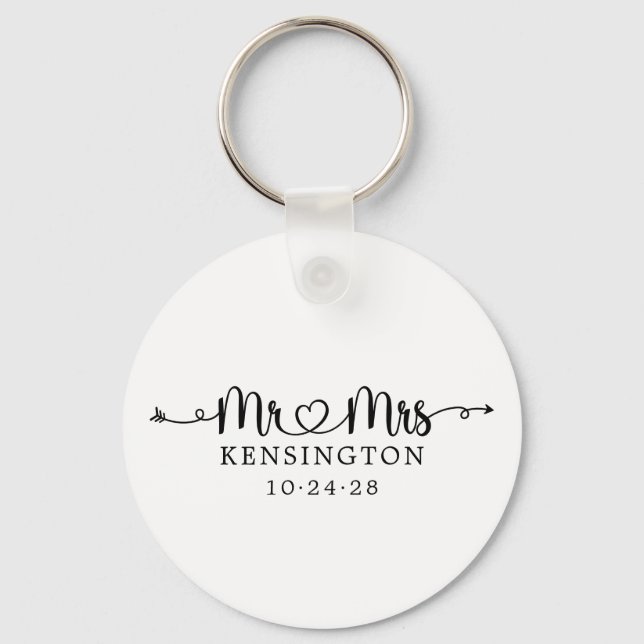Personalized Mr Mrs Script Typography Wedding Keychain (Front)