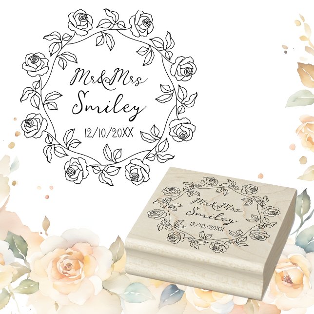 Personalized Mr&Mrs Wedding with Rose Wreath Rubber Stamp (💍 Add handmade charm to your wedding day! 🌹)
