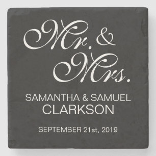 Personalized MR. & MRS. White Black Wedding Favors Stone Coaster