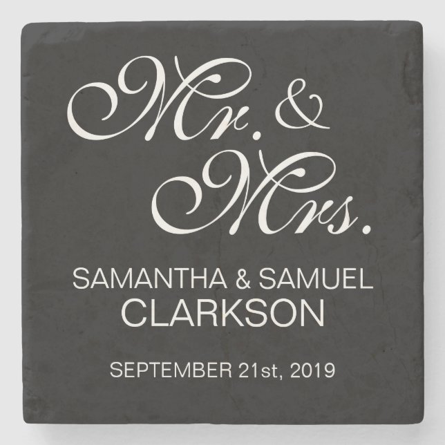 Personalized MR. & MRS. White Black Wedding Favors Stone Coaster (Front)