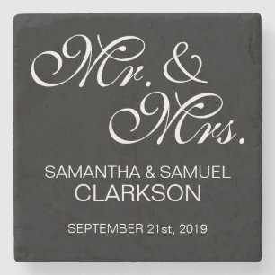 Personalized MR. & MRS. White Black Wedding Favors Stone Coaster