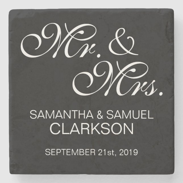 Personalized MR. & MRS. White Black Wedding Favors Stone Coaster (Front)