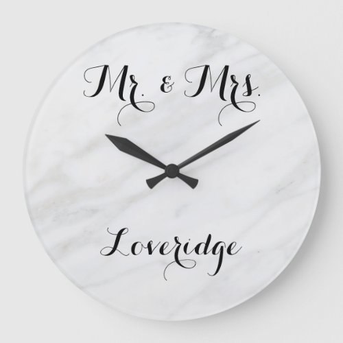 Personalized Mr  Mrs White Gray Grey Marble Large Clock