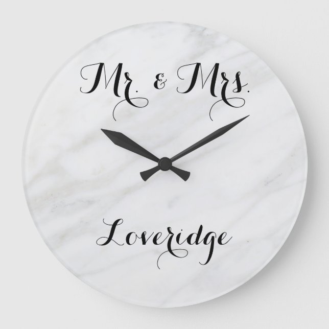 Personalized Mr. & Mrs. White Gray Grey Marble Large Clock (Front)