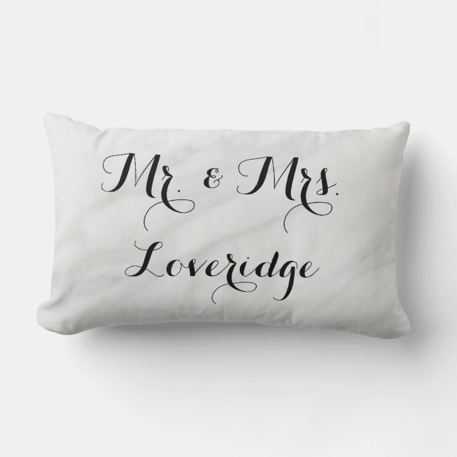 Personalized Mr. & Mrs. White Gray Grey Marble Lumbar Pillow (Front)