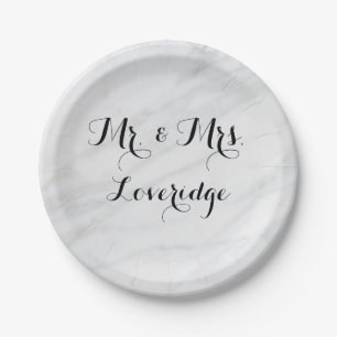 Personalized Mr. & Mrs. White Gray Grey Marble Paper Plates