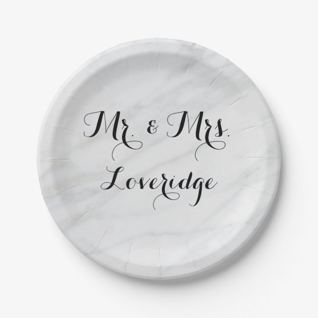 Personalized Mr. & Mrs. White Gray Grey Marble Paper Plates (Front)