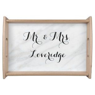 Personalized Mr. & Mrs. White Gray Grey Marble Serving Tray