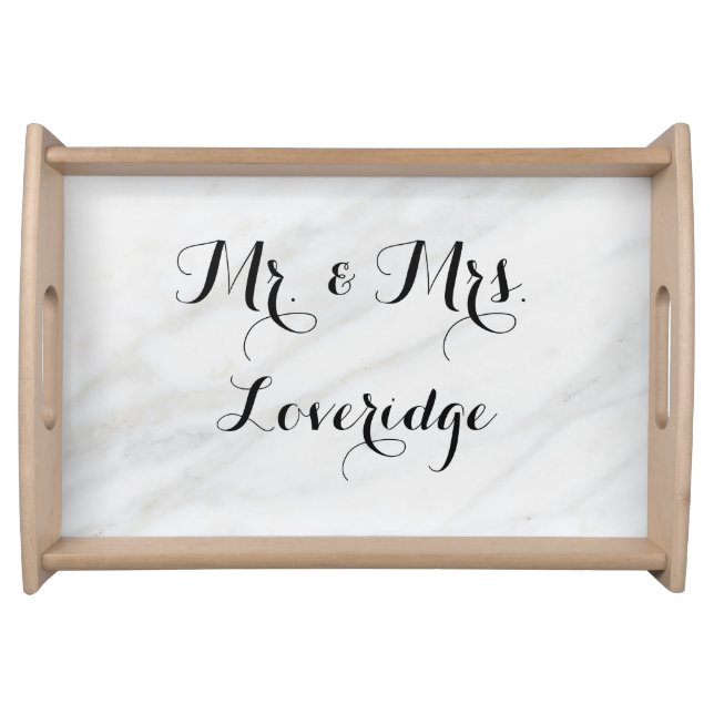 Personalized Mr. & Mrs. White Gray Grey Marble Serving Tray (Front)