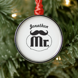 Personalized Mr. Mustache Retro Vintage Hipster Metal Ornament
