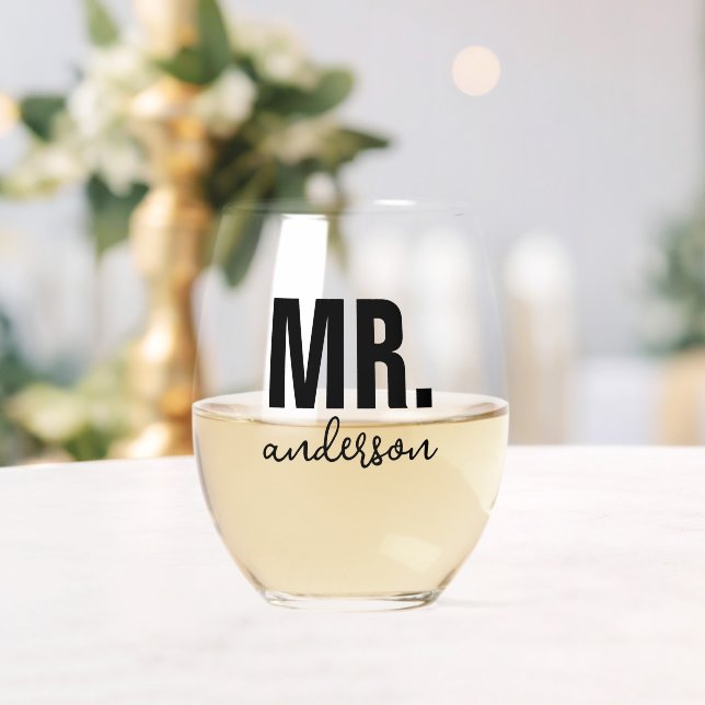 Personalized MR Name Wedding Newlywed  Stemless Wine Glass (Insitu (Wedding))