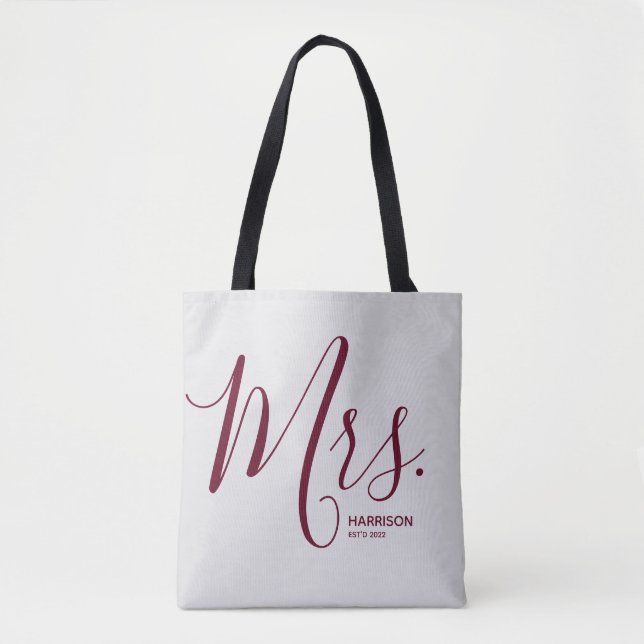 Personalized Mrs. Burgundy Script Tote Bag (Front)